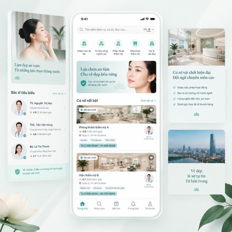 Chọn Đẹp interface with verified clinic listings and pricing