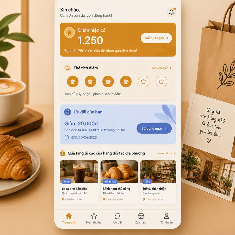 Points and Coupons interface with a balance, stamps, and local rewards